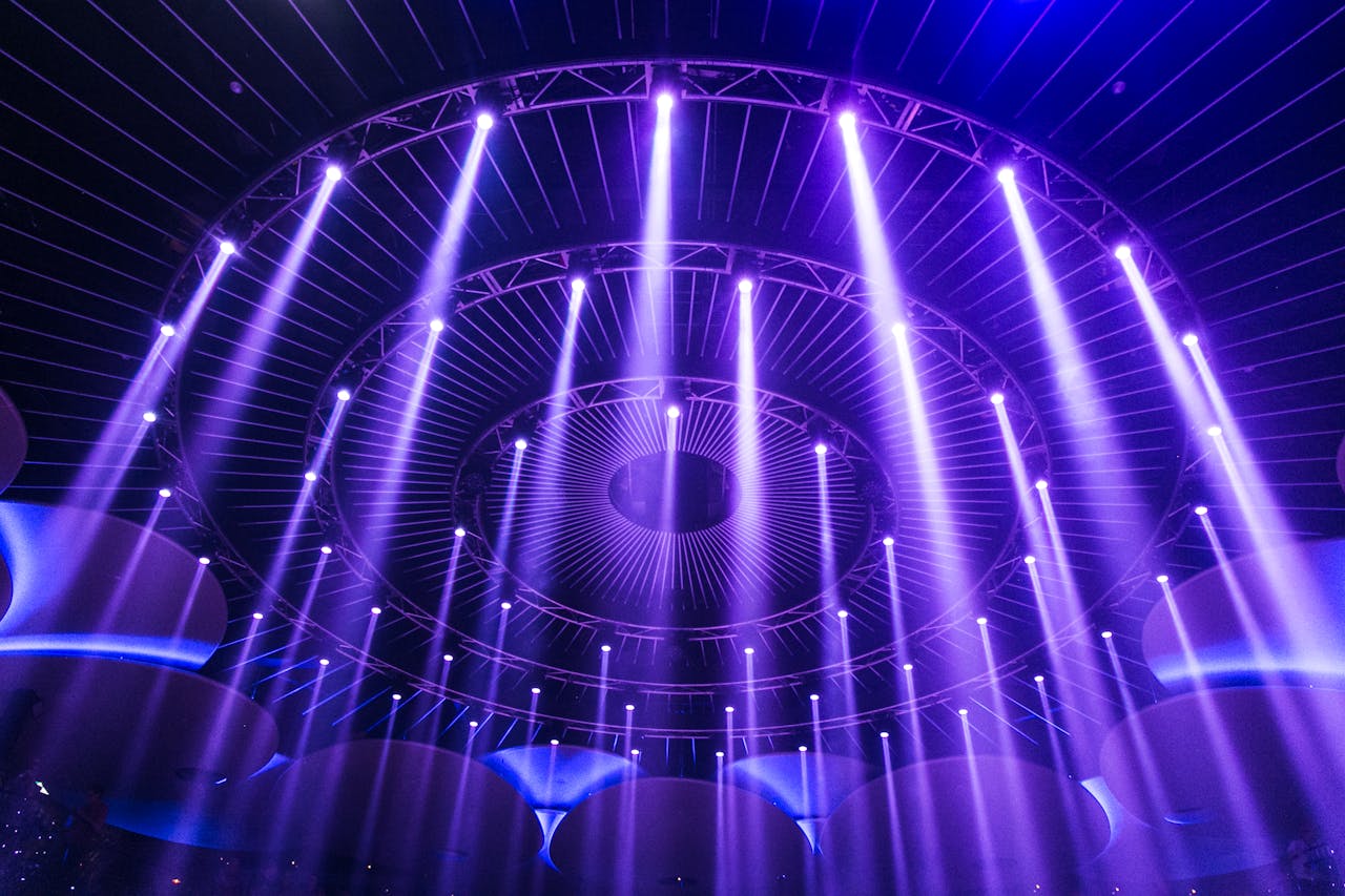 A captivating display of purple lights creating a mesmerizing pattern in a modern indoor setting.